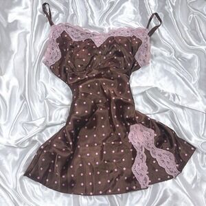 y2k Self Esteem Slip top Brown Pink Polka Dot Lace Trim Satin Chemise